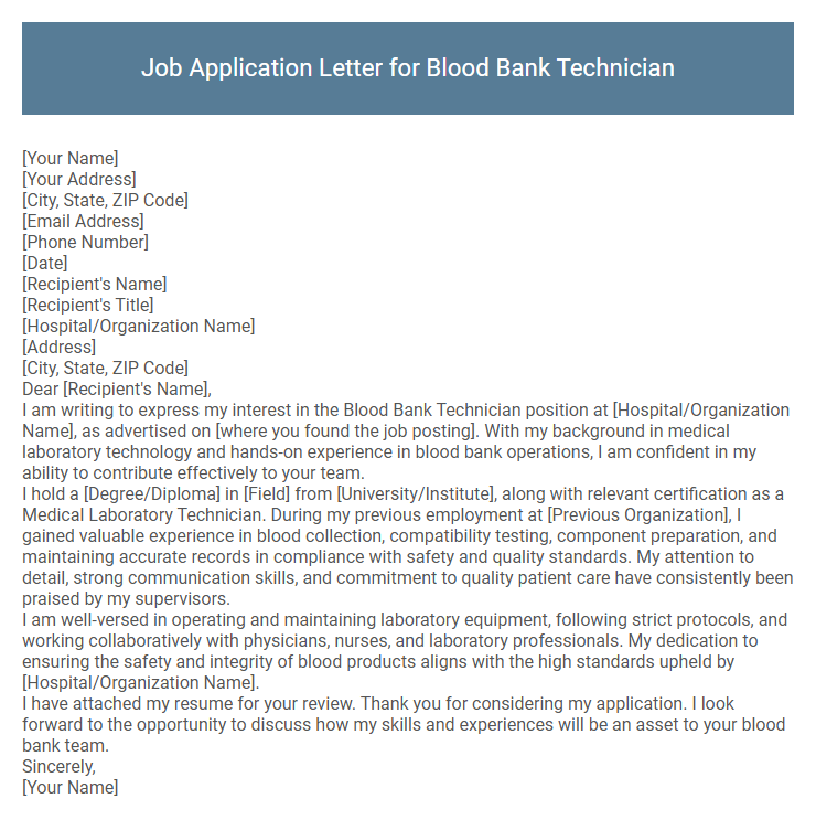 Job Application Letter for Blood Bank Technician