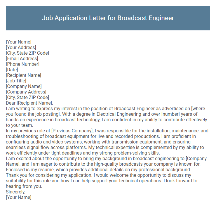 Job Application Letter for Broadcast Engineer