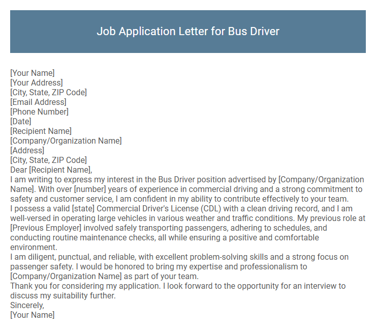 Job Application Letter for Bus Driver