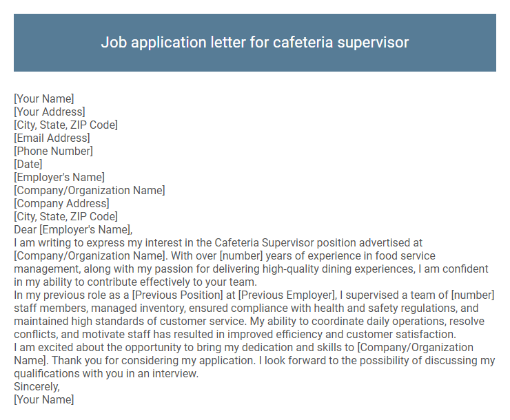 Job application letter for cafeteria supervisor