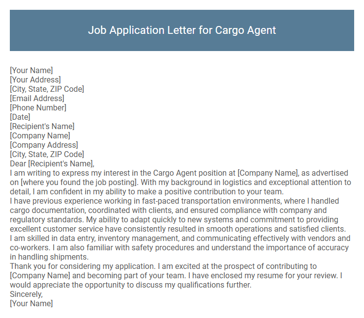 Job Application Letter for Cargo Agent
