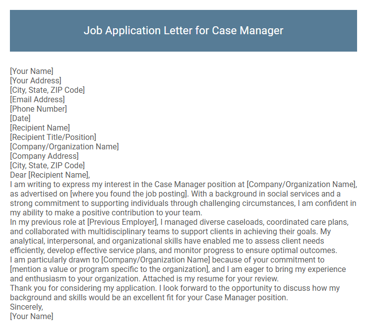 Job Application Letter for Case Manager