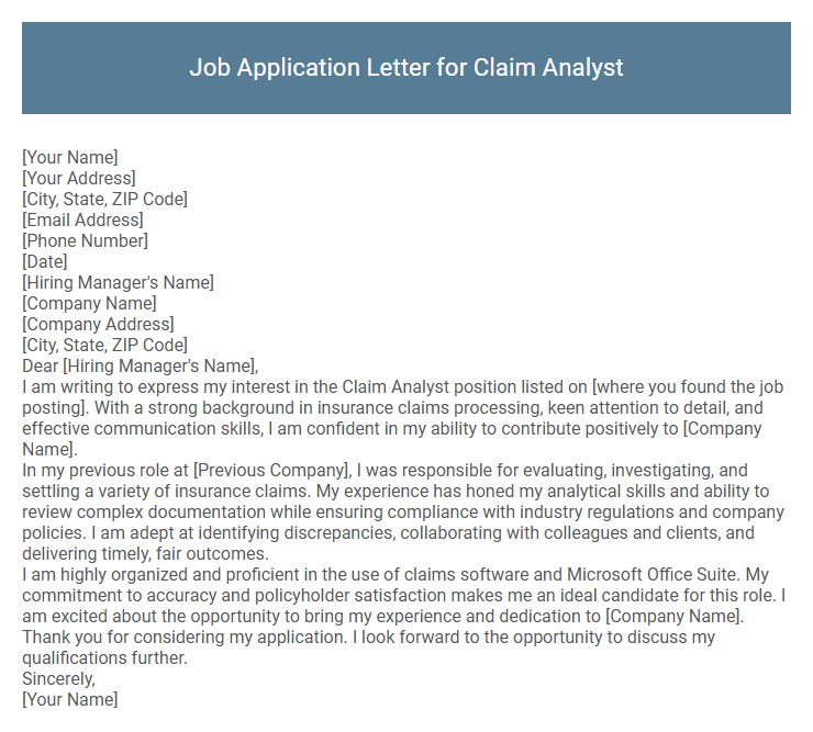 Job Application Letter for Claim Analyst