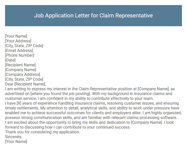 Job Application Letter for Claim Representative