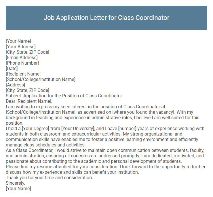 Job Application Letter for Class Coordinator