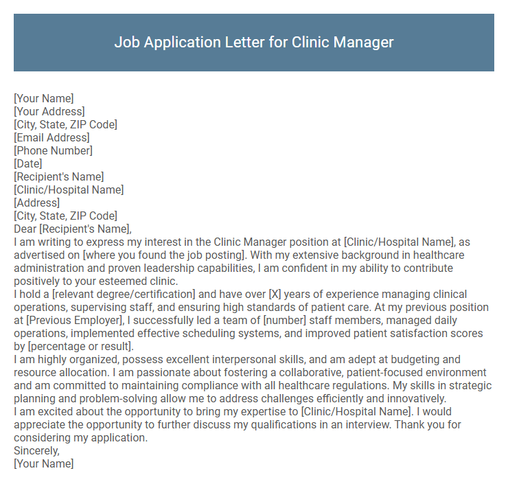 Job Application Letter for Clinic Manager
