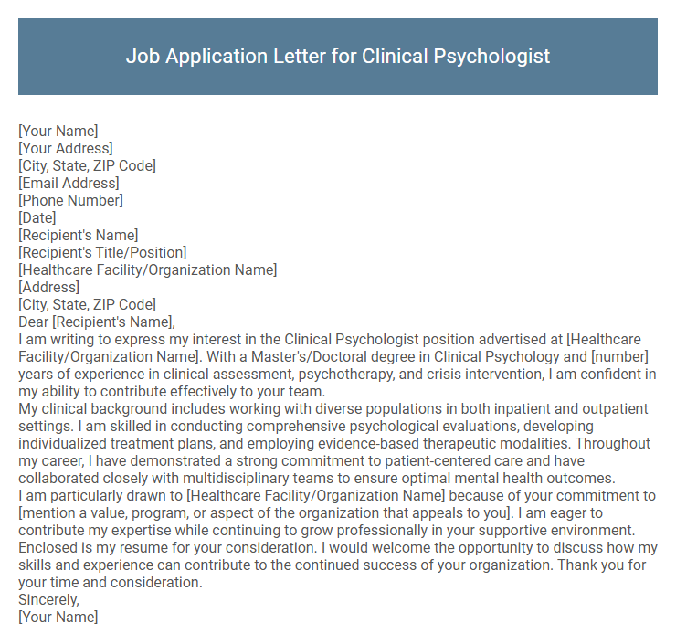 Job Application Letter for Clinical Psychologist