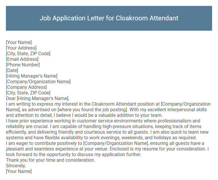 Job Application Letter for Cloakroom Attendant