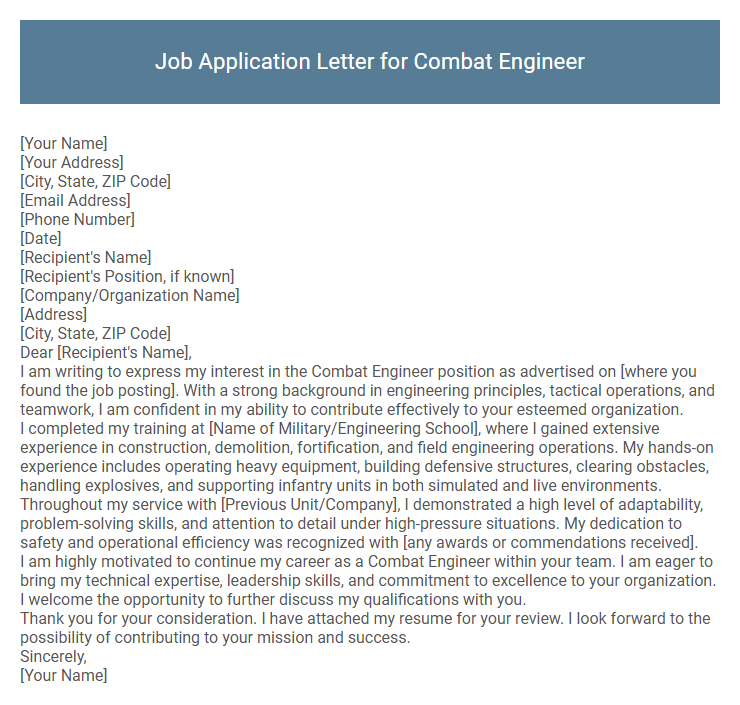 Job Application Letter for Combat Engineer