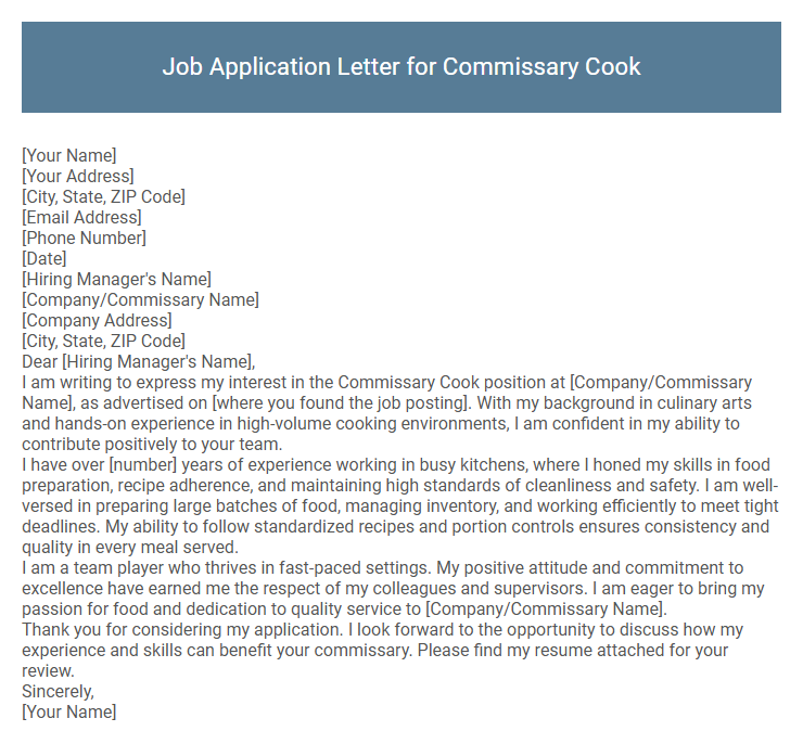 Job Application Letter for Commissary Cook