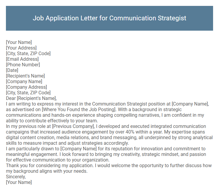 Job Application Letter for Communication Strategist