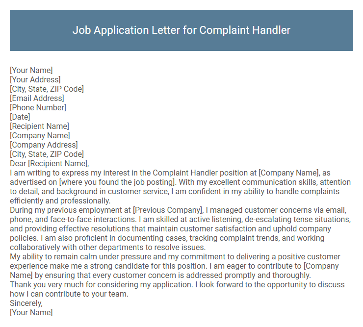 Job Application Letter for Complaint Handler