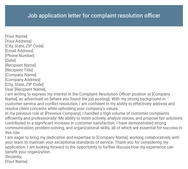 Job application letter for complaint resolution officer