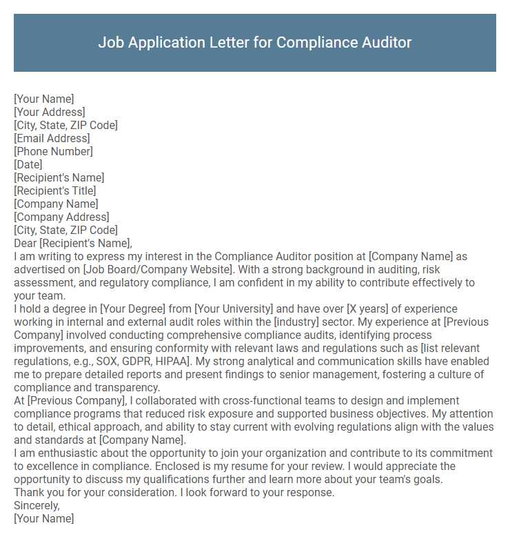 Job Application Letter for Compliance Auditor
