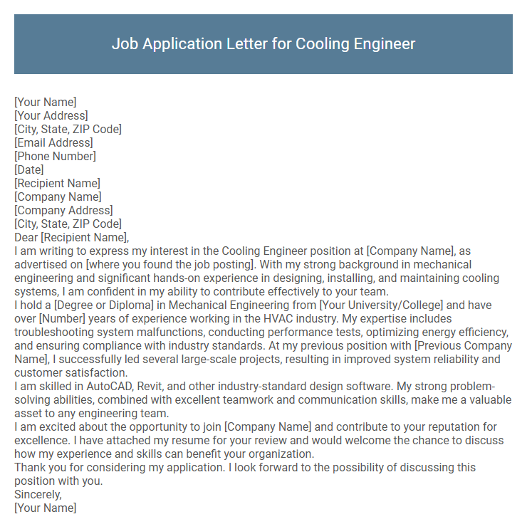 Job Application Letter for Cooling Engineer