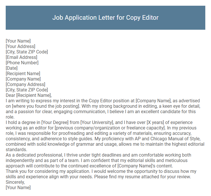 Job Application Letter for Copy Editor