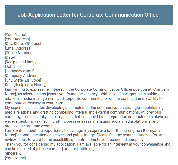 Job Application Letter for Corporate Communication Officer