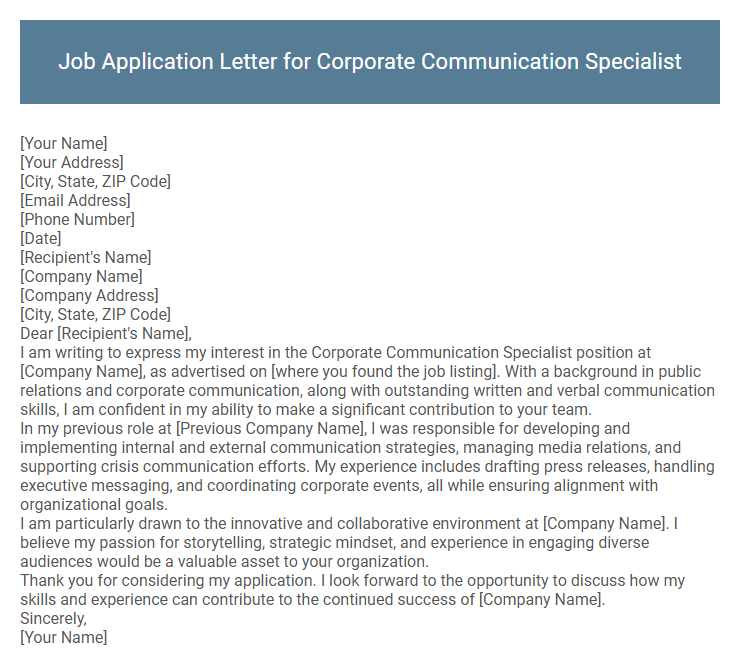 Job Application Letter for Corporate Communication Specialist