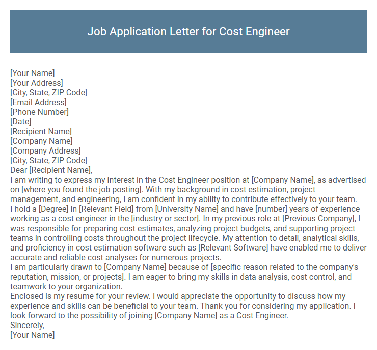 Job Application Letter for Cost Engineer