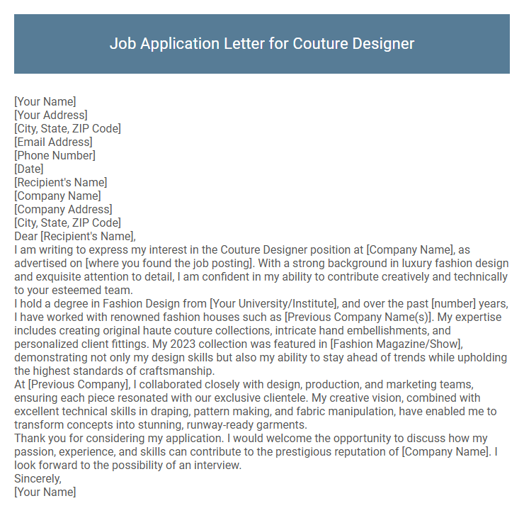 Job Application Letter for Couture Designer