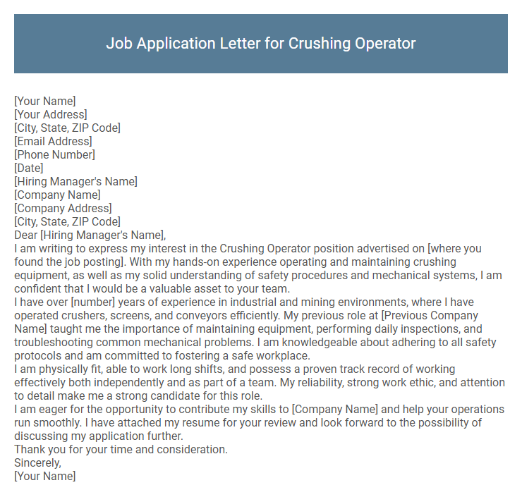 Job Application Letter for Crushing Operator