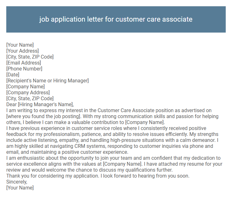 job application letter for customer care associate