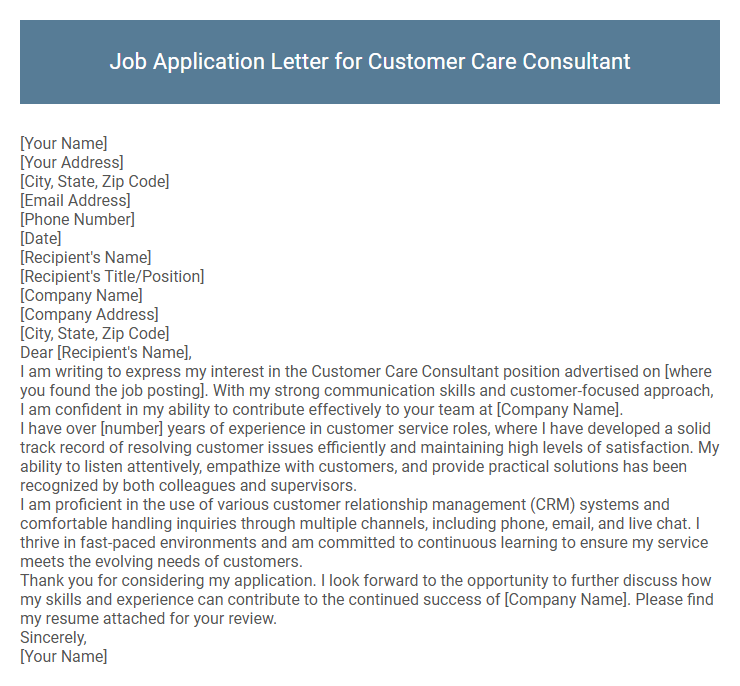 Job Application Letter for Customer Care Consultant