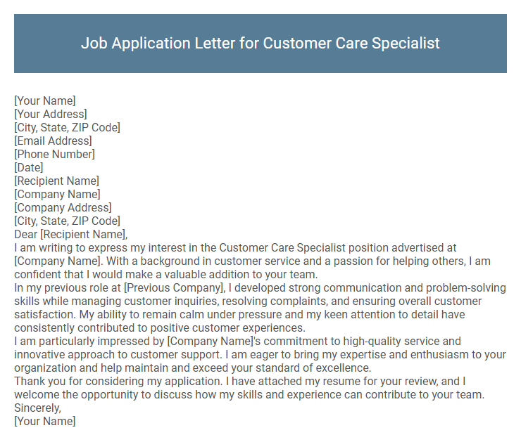 Job Application Letter for Customer Care Specialist