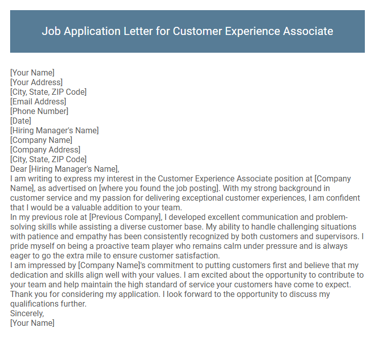 Job Application Letter for Customer Experience Associate
