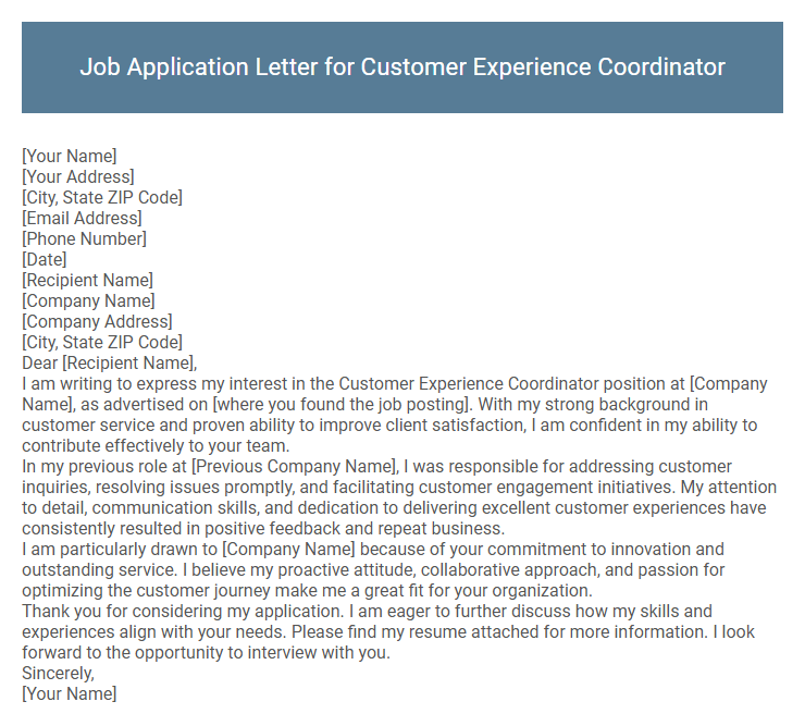 Job Application Letter for Customer Experience Coordinator