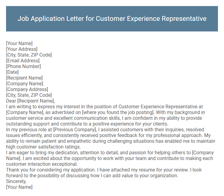 Job Application Letter for Customer Experience Representative