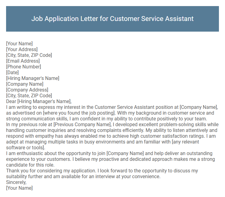 Job Application Letter for Customer Service Assistant