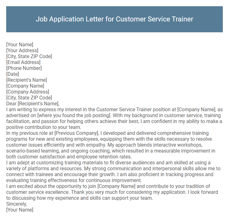 Job Application Letter for Customer Service Trainer