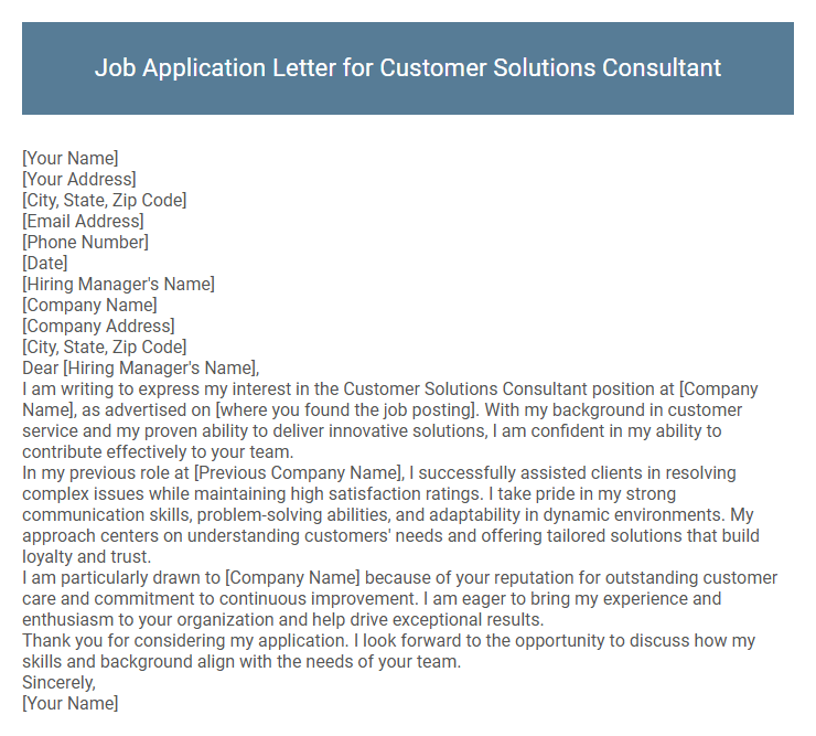 Job Application Letter for Customer Solutions Consultant