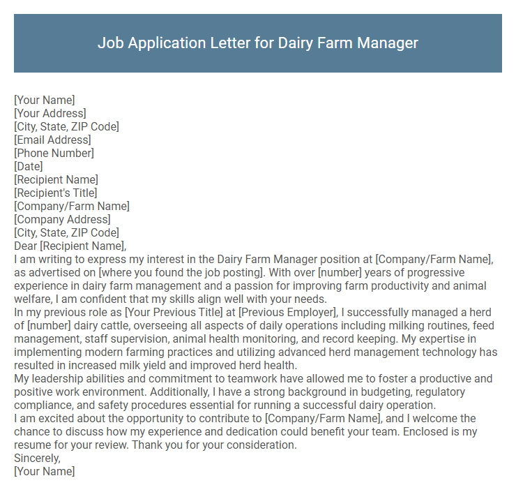 Job Application Letter for Dairy Farm Manager
