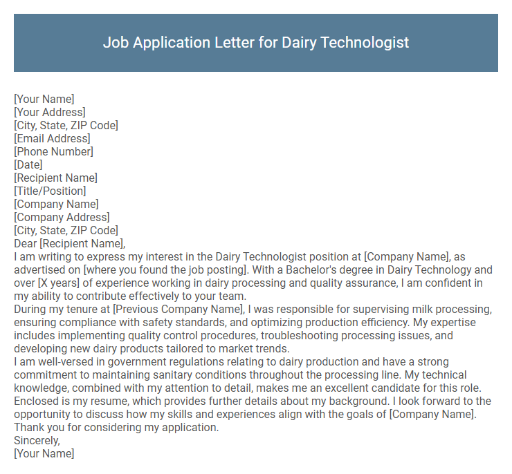 Job Application Letter for Dairy Technologist