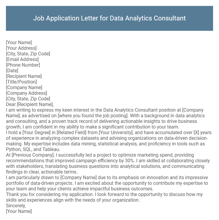 Job Application Letter for Data Analytics Consultant