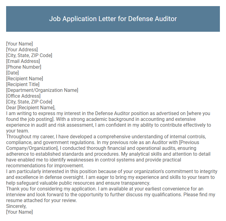 Job Application Letter for Defense Auditor
