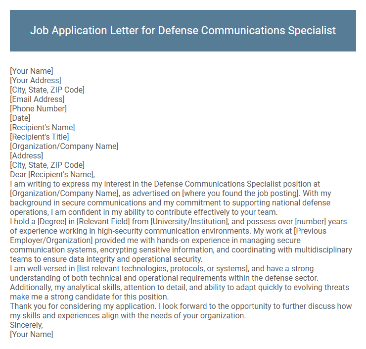 Job Application Letter for Defense Communications Specialist
