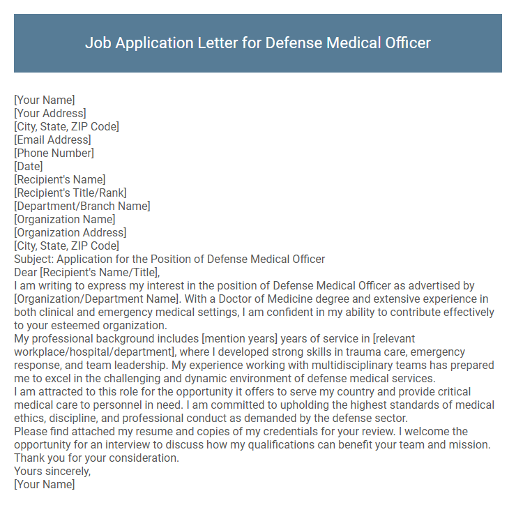 Job Application Letter for Defense Medical Officer