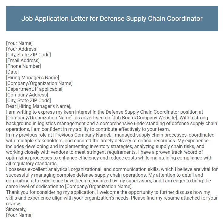 Job Application Letter for Defense Supply Chain Coordinator