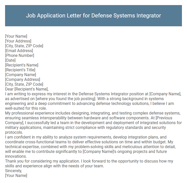 Job Application Letter for Defense Systems Integrator