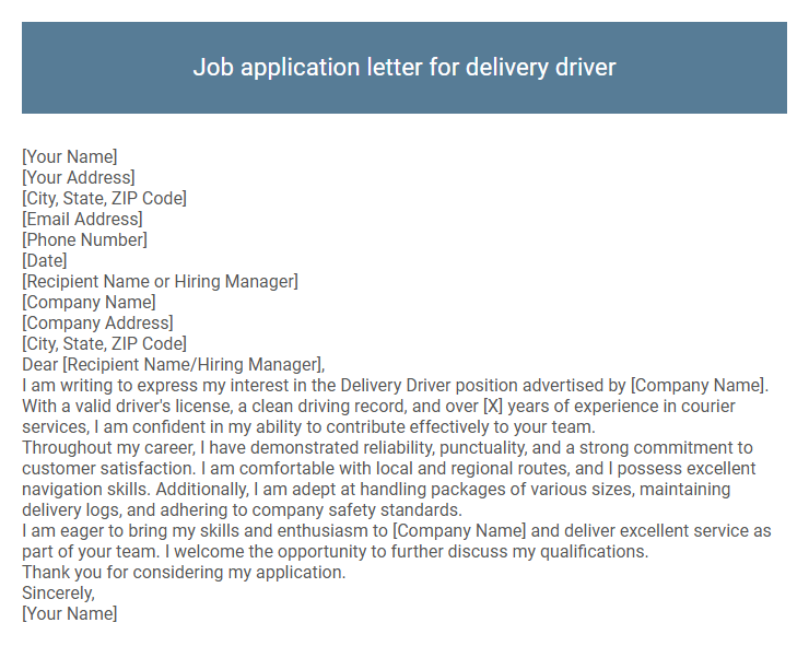 Job application letter for delivery driver