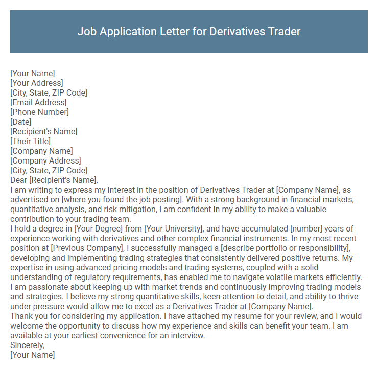 Job Application Letter for Derivatives Trader