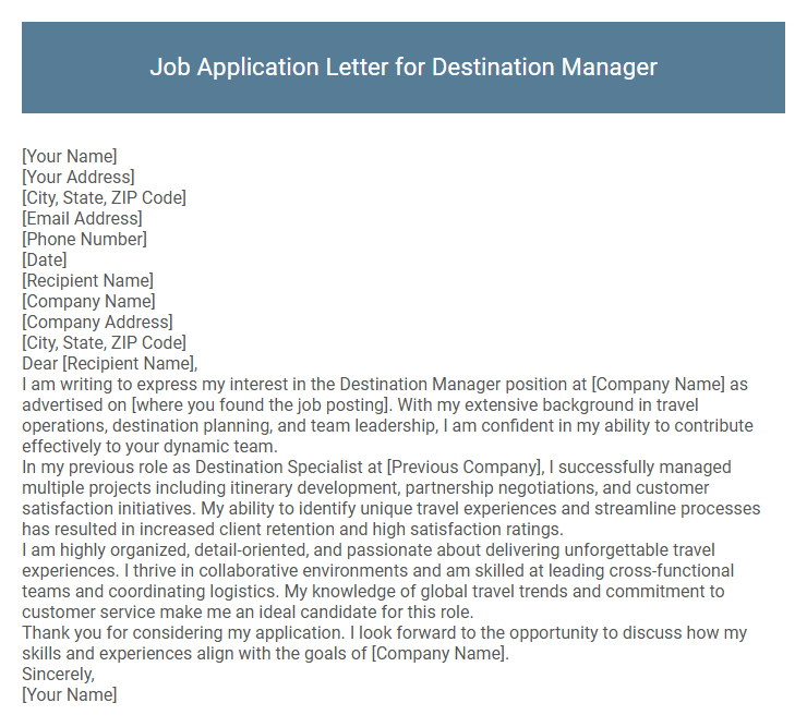 Job Application Letter for Destination Manager