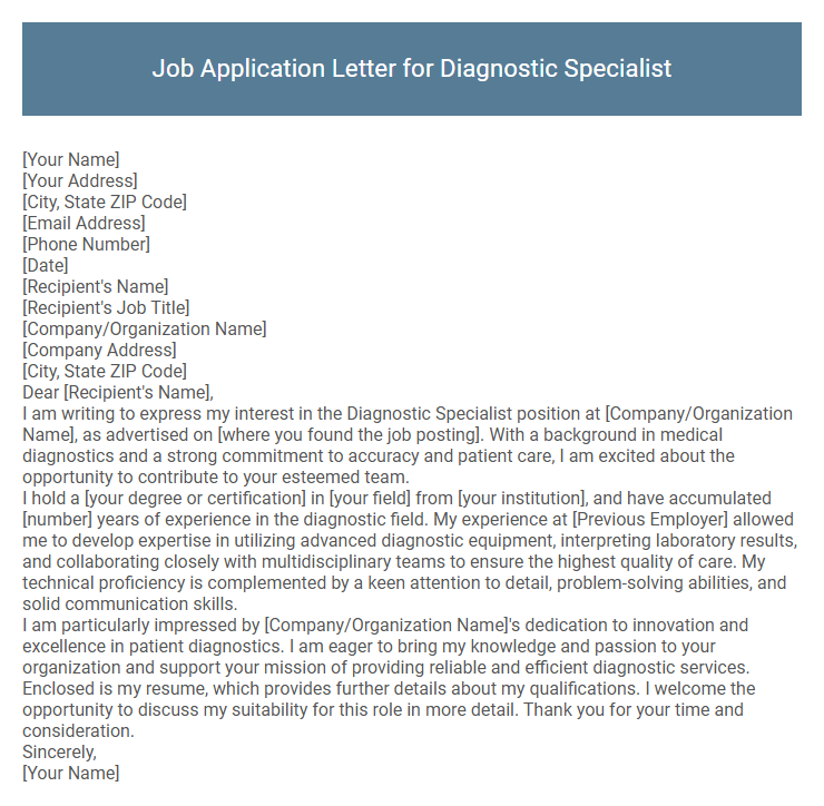 Job Application Letter for Diagnostic Specialist