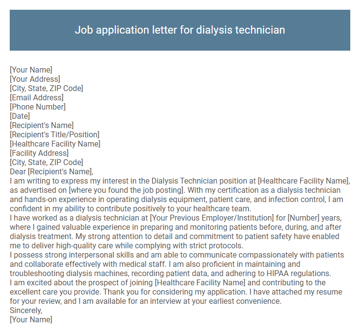 Job application letter for dialysis technician