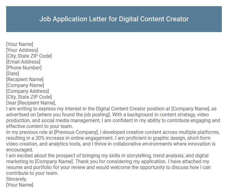 Job Application Letter for Digital Content Creator