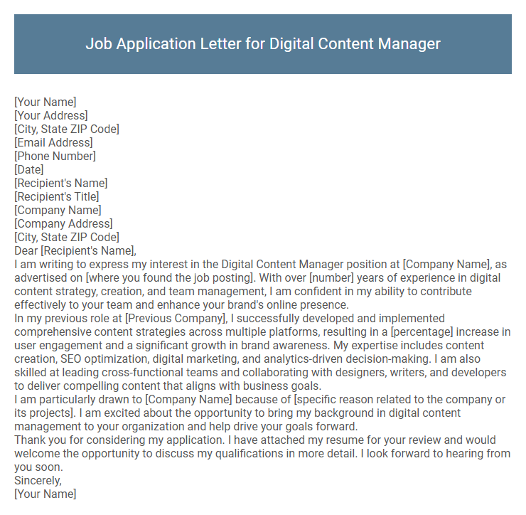 Job Application Letter for Digital Content Manager