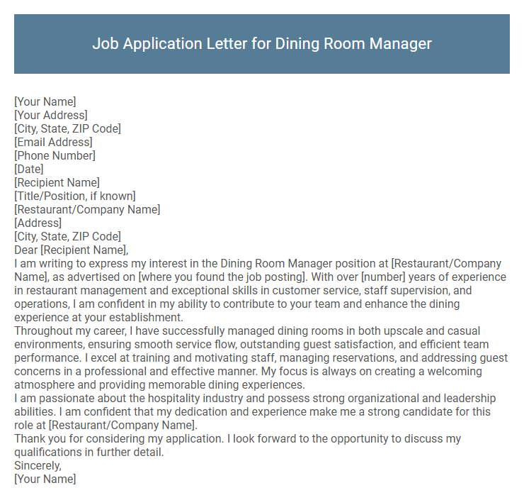 Job Application Letter for Dining Room Manager